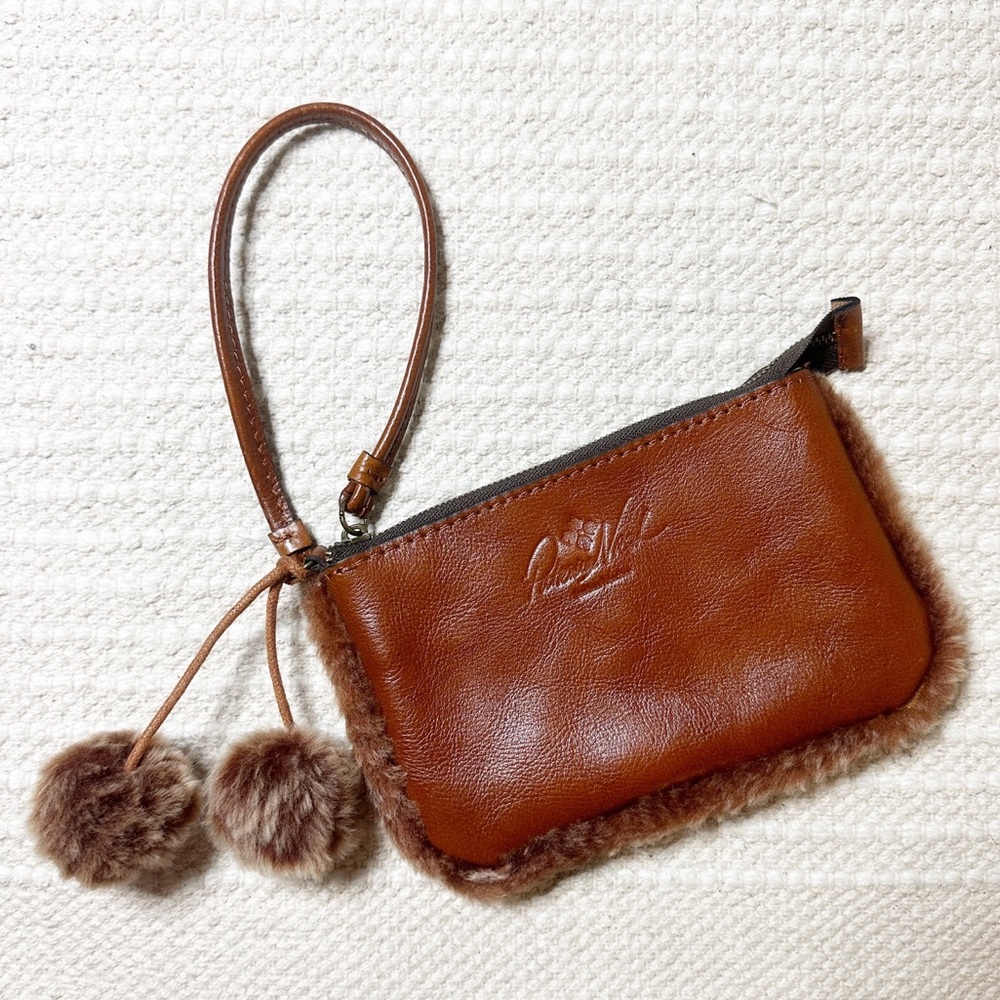PATRICIA NASH brown leather fur-trimmed zippered pom pom wristlet wallet
